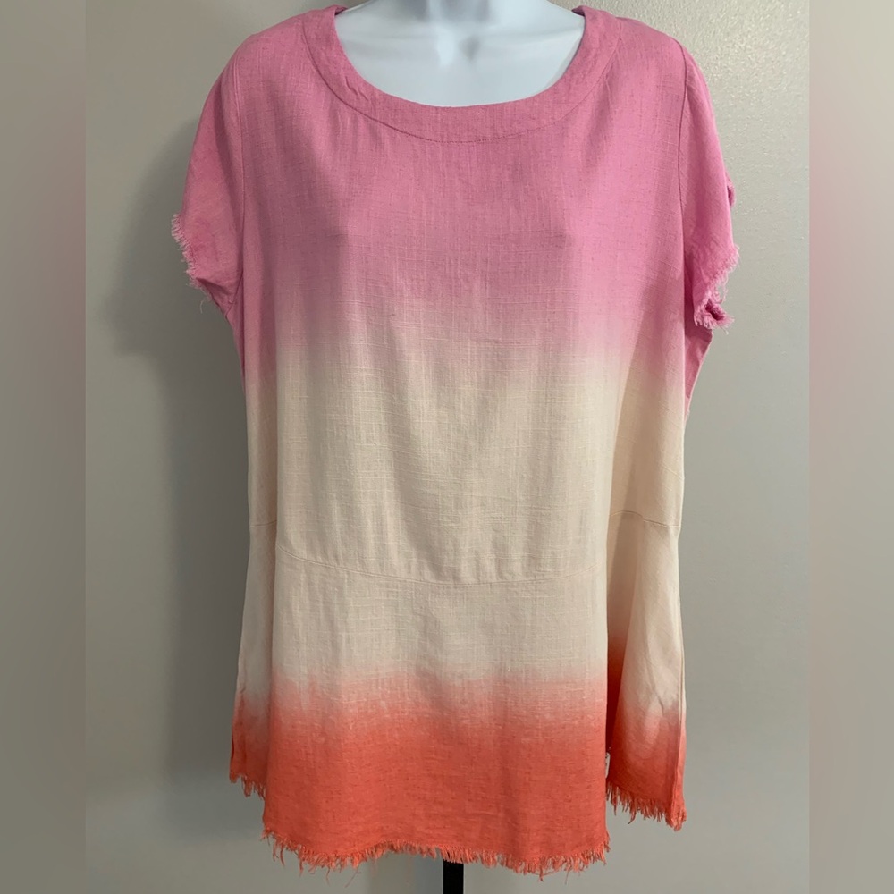 NWT Umgee Lines Blend Pink to Orange Ombre Raw Hem Short-Sleeve Top